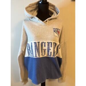 47 BRAND Heathered Gray& Royal New York Rangers Lizzy Cutoff Pullover Hoodie